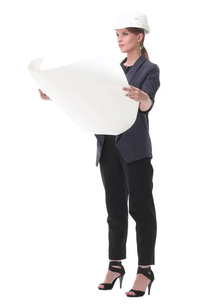 Businesswoman in a protective helmet looking at the drawings of the new project. — Stock Photo, Image
