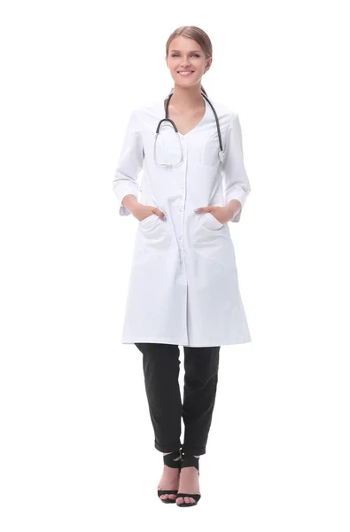 V plném růstu. mladá ženská doktorka se stetoskoborem. — Stock fotografie