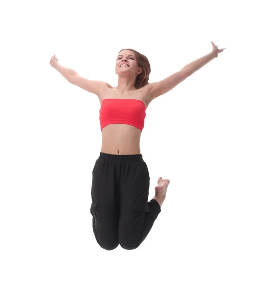 Atlético jovem mulher realizando saltos fitness. isolado em branco — Fotografia de Stock