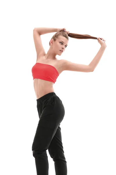 Giovane donna fitness con i capelli lunghi .isolato su bianco — Foto Stock