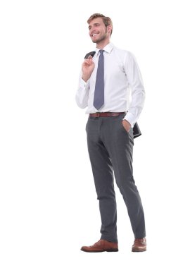 yan görünüm. omzuna bir ceket ile düşünceli işadamı