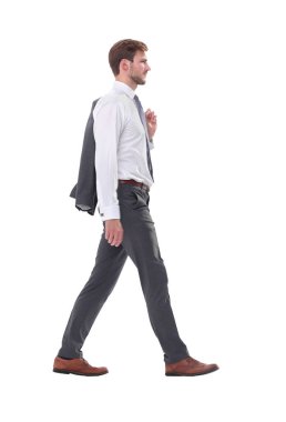 yan görünüm. omzuna bir ceket ile düşünceli işadamı