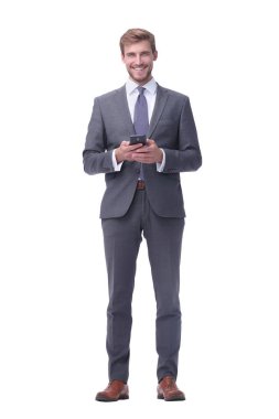 tam büyüme. akıllı telefon ile gülümseyen işadamı