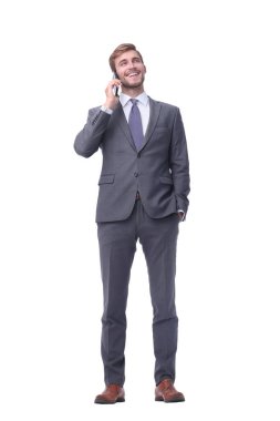 tam büyüme. akıllı telefonuyla konuşan kendine güvenen işadamı.