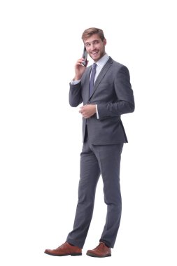 tam büyüme. akıllı telefonuyla konuşan kendine güvenen işadamı.