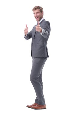 tam büyüme. mutlu işadamı başparmak gösteren.