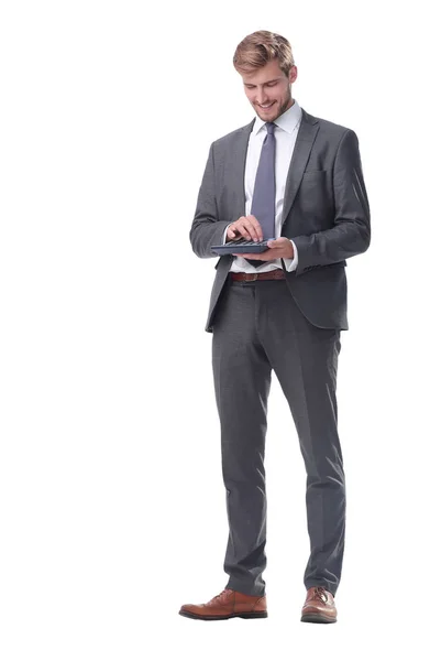 En pleno crecimiento. hombre de negocios leyendo las entradas en el organizador . — Foto de Stock