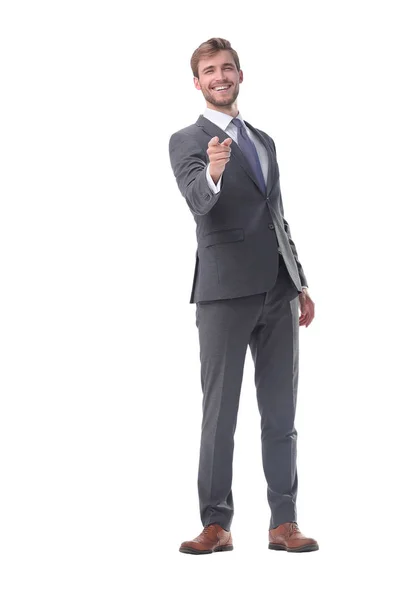 Em pleno crescimento. homem de negócios sorrindo apontando para você . — Fotografia de Stock