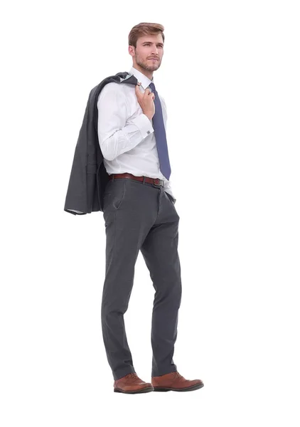 En pleno crecimiento. hombre de negocios seguro con una chaqueta sobre su hombro . — Foto de Stock