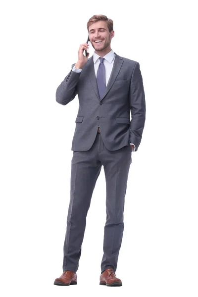 Em pleno crescimento. homem de negócios confiante falando em seu smartphone . — Fotografia de Stock