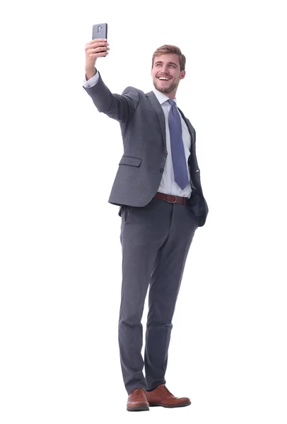 In volle groei. lachende zakenman die selfie neemt. — Stockfoto