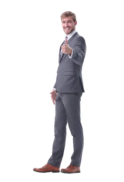 In volle groei. gelukkige zakenman toont duimen omhoog. — Stockfoto