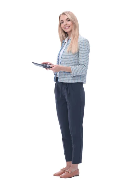 Erfolgreiche junge Geschäftsfrau mit Taschenrechner. isoliert auf weiß — Stockfoto