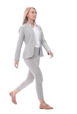 ciddi genç iş kadını öne çıkıyor.beyaz üzerinde izole