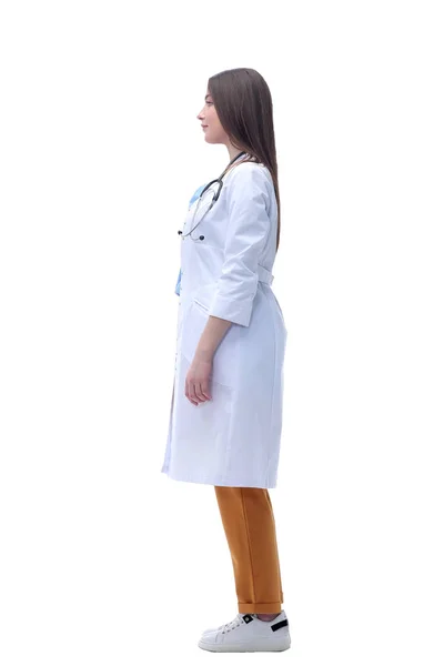 Vista lateral. jovem médico mulher. Isolado no branco — Fotografia de Stock