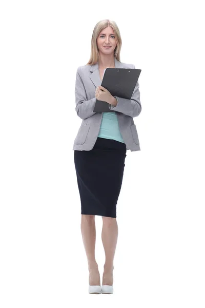 Executiva mulher de negócios com área de transferência .isolated em branco — Fotografia de Stock