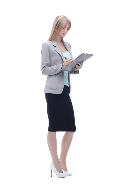 Ejecutiva mujer de negocios con portapapeles .isolated en blanco — Foto de Stock