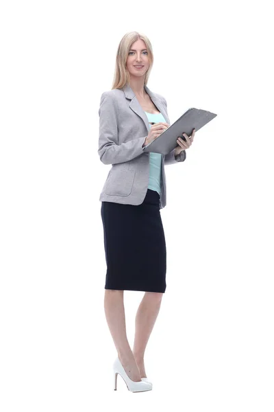 Ejecutiva mujer de negocios con portapapeles .isolated en blanco — Foto de Stock