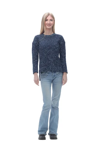Fiduciosa giovane donna in jeans.isolated su bianco — Foto Stock