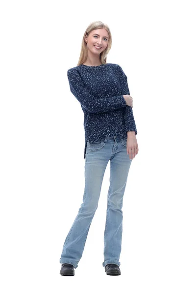 Sebevědomá mladá žena v džínách. izolovaná na bílém — Stock fotografie