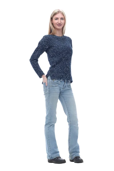 Mujer joven y confiada en jeans.isolated en blanco — Foto de Stock