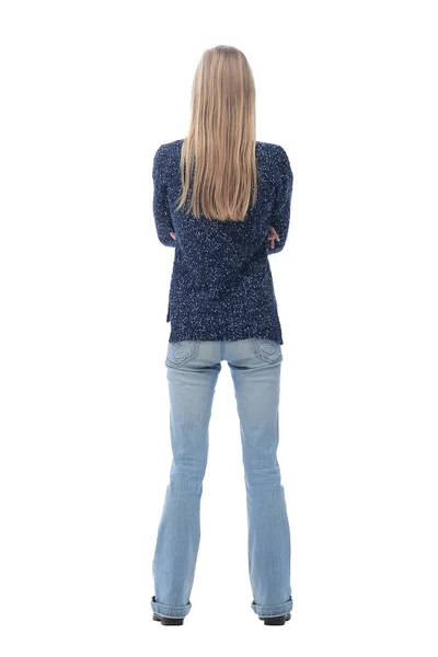 Vista trasera. mujer joven moderna mirando a la pantalla en blanco — Foto de Stock