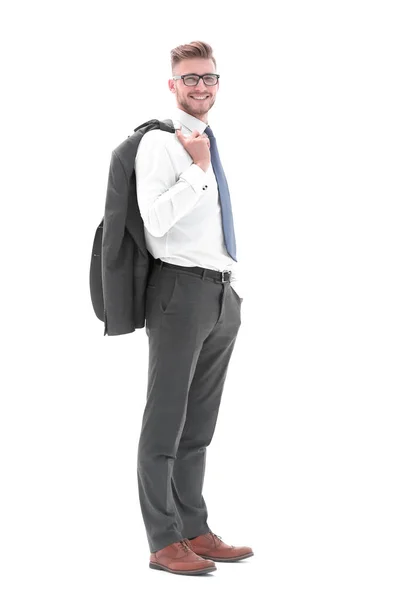 En pleno crecimiento. hombre de negocios sosteniendo una chaqueta sobre su hombro — Foto de Stock
