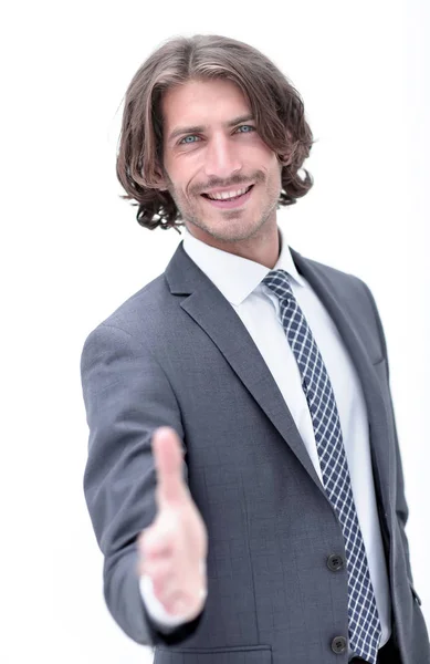 Бізнесмен пропонує рукостискання вам на білому тлі — стокове фото