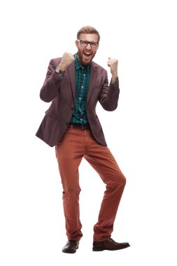 Heyecanlı mutlu adam zafer . beyaz izole