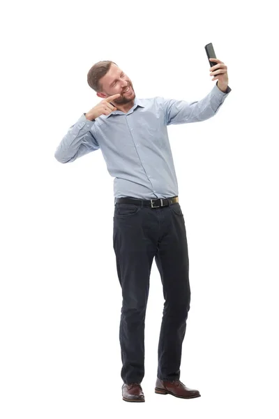 En pleno crecimiento. hombre de negocios feliz hablando en enlace de vídeo —  Fotos de Stock