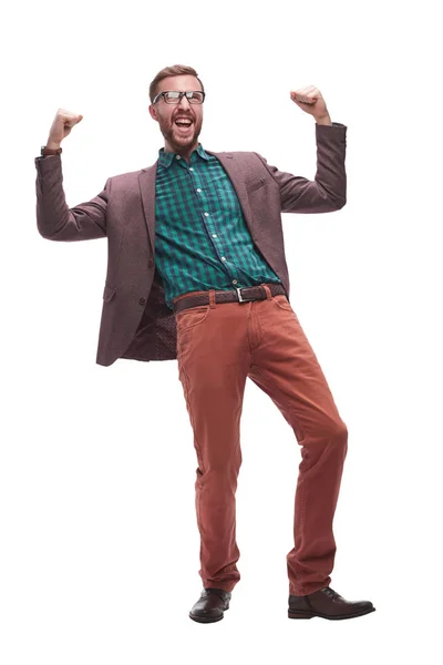 O feliz homem triunfa. isolado em branco — Fotografia de Stock