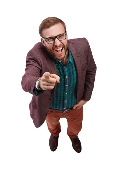 Vista superior. homem sorrindo apontando para você . — Fotografia de Stock