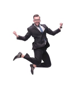 Tam gelişim. Mutlu dans eden genç iş adamı