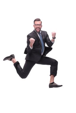 Tam gelişim. Mutlu dans eden genç iş adamı