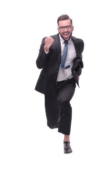 Tam gelişim. Mutlu dans eden genç iş adamı