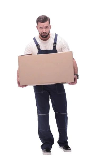 In volle groei. een lachende man met kartonnen dozen op zijn schouders — Stockfoto
