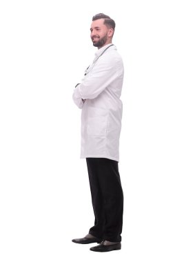 Yan görünüş. Gülümseyen tıp doktoru fotokopi alanına bakıyor