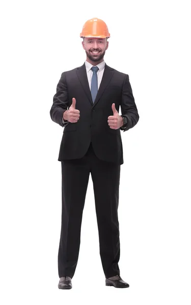 Hombre de negocios con casco mostrando los pulgares hacia arriba. aislado en blanco —  Fotos de Stock