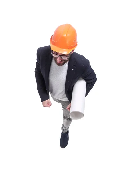 Top view. architect engineer in orange helmet — Stock Photo, Image