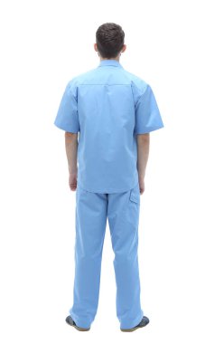 arka görünüm. erkek doktor beyaz bir ekran bakarak