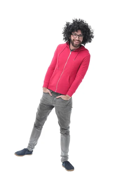 Σε πλήρη ανάπτυξη. μοντέρνος άνθρωπος της μόδας με κόκκινο μπουφάν — Φωτογραφία Αρχείου