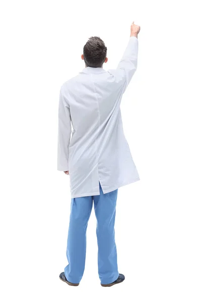 Rear view. qualified physician therapist pointing at the white screen — Stockfoto
