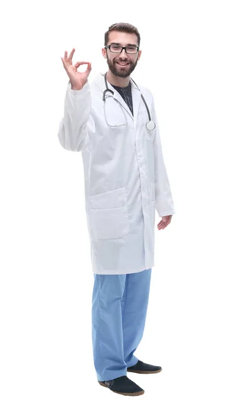 In full growth. qualified physician therapist showing OK gesture — Stock Photo, Image