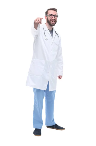 In full growth. smiling man doctor pointing at you — Stock Photo, Image