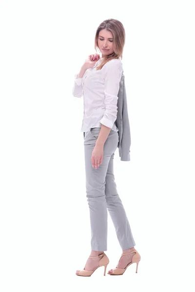 Una joven mujer de negocios con una chaqueta sobre su hombro. aislado en blanco —  Fotos de Stock