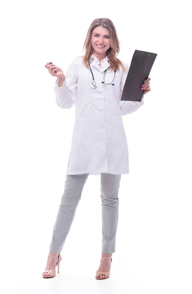 Kvinnlig läkare med Urklipp. isolerad på vitt — Stockfoto