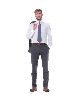 tam büyüme. omzuna bir ceket ile emin işadamı.