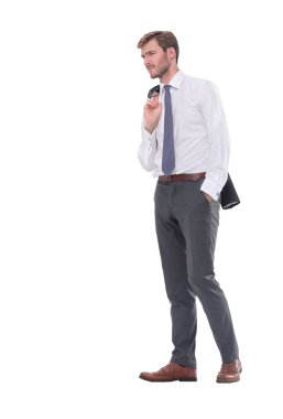 yan görünüm. omzuna bir ceket ile düşünceli işadamı