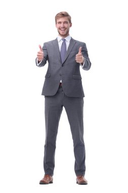tam büyüme. mutlu işadamı başparmak gösteren.