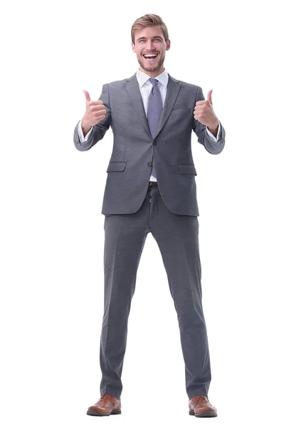In volle groei. gelukkige zakenman toont duimen omhoog. — Stockfoto